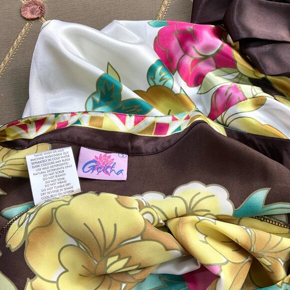 Geisha Dress Y2K Silk Floral Sleeveless Round Neck Brown Yellow Pink Aqua (S) - Picture 6 of 8